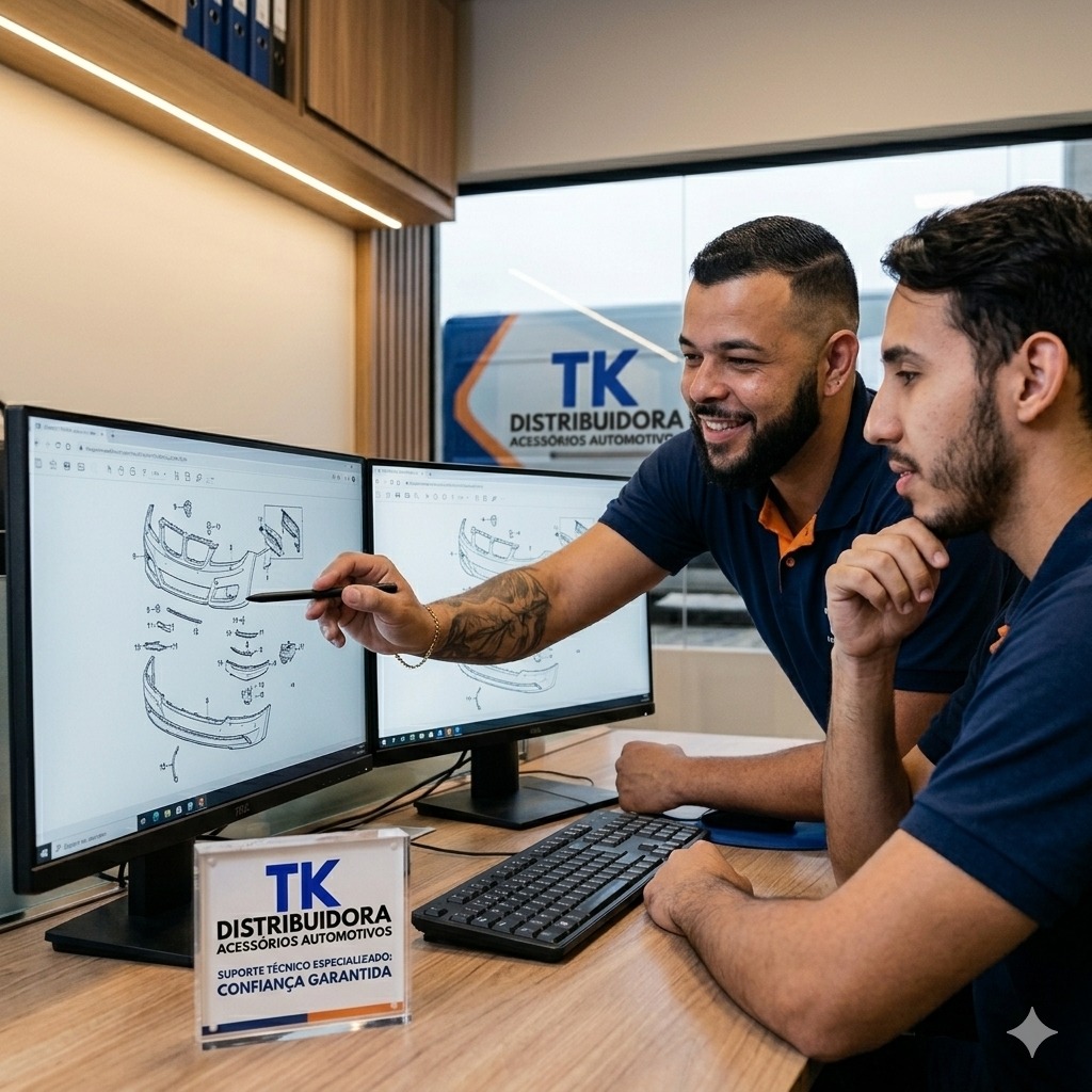 Equipe de suporte técnico TK Distribuidora analisando esquemas
